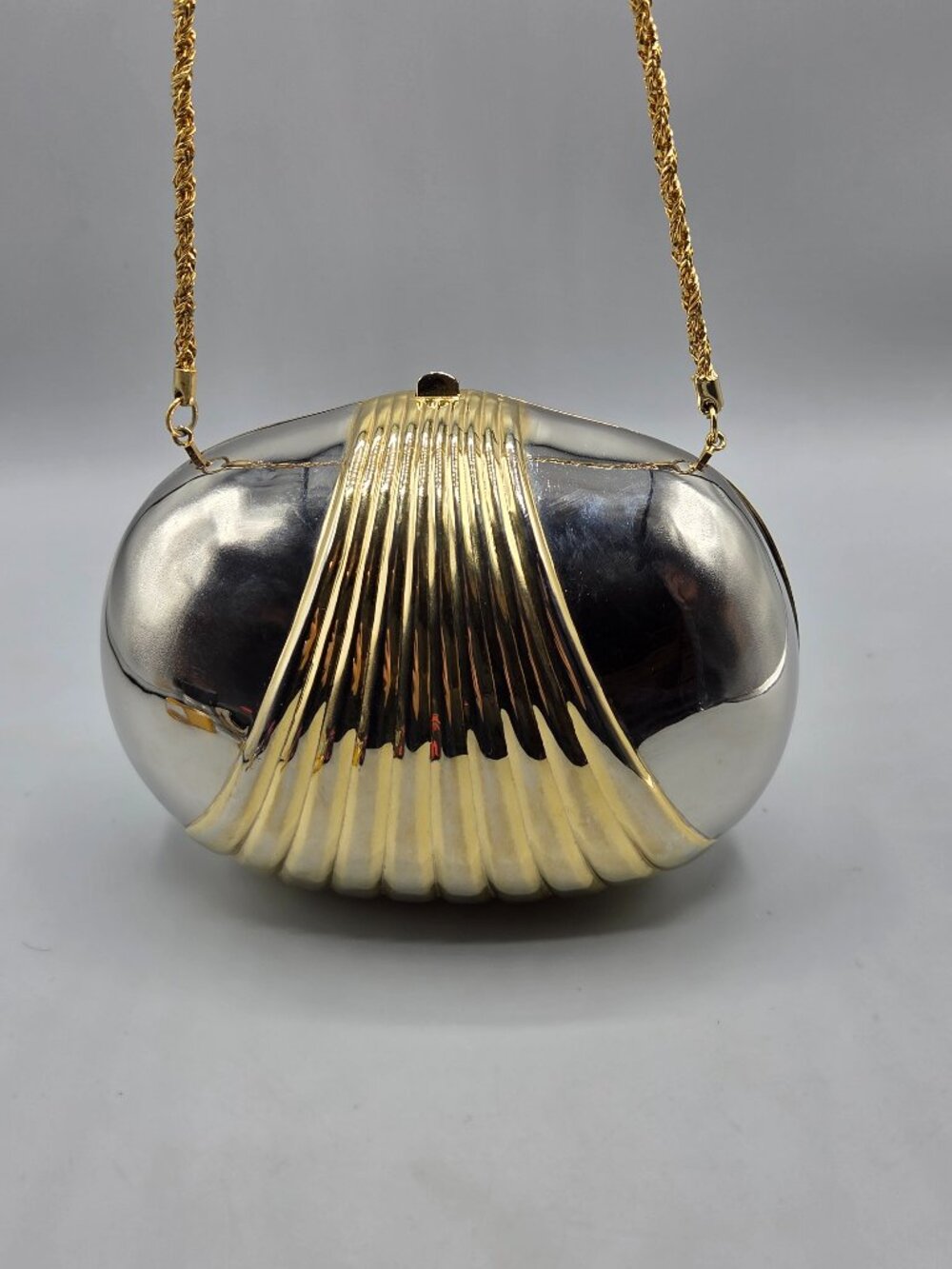 Vintage Hard Shell Clamshell Purse Evening Bag w/ Chain Made in Italy